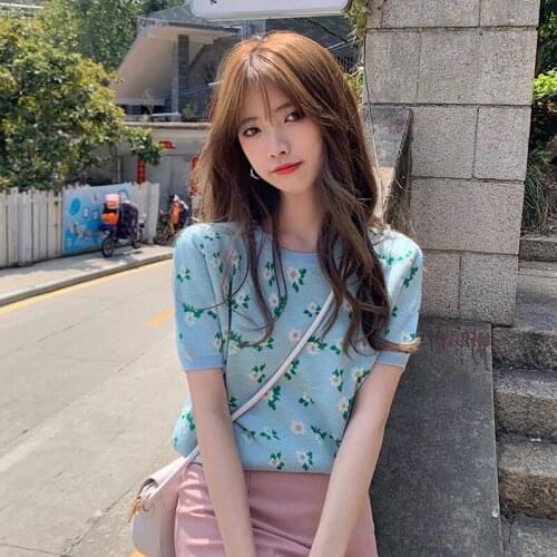 Women Tops Jacquard Short-sleeved Sweater Womens Summer Thin New French Design Niche Short Top