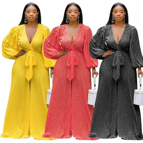 Plus Size Jumpsuit Women 4XL 3XL Polka-Dot Printed Yellow Wide Leg Rompers Long Sleeve One Piece Long Sexy V-neck Playsuit Fall