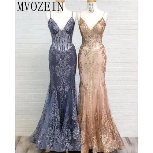 Gold Mermaid Evening Dresses Long Lace Appliques Spaghetti Strap Formal Party Gowns Floor Length Evening Dress abendkleider