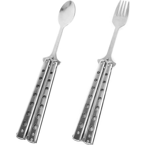 1pc Foldable Spoon Fork Stainless Steel Practice Training Butterfly Knife Trainer Outdoor Camping Hiking Picnic Tableware