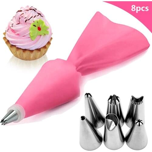 8PCS/bag Silicone Icing Piping Cream Pastry Bag + 6 Stainless Steel Cake Nozzle DIY Cake Decorating Tips Fondant Pastry Tools