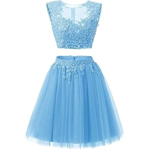 ANGELSBRIDEP Sheer-Neck Homecoming Dresses Vestidos De Festa Fashion Applique Tulle Graduation Formal Party Gowns Cocktail Dress