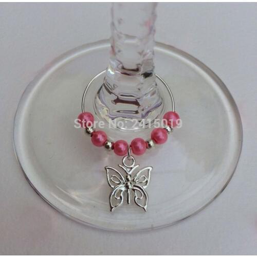 Free ship 24xbutterfly mixed color bead party wine glass charms markers Wedding Table decoration decorating vinos etiqueta