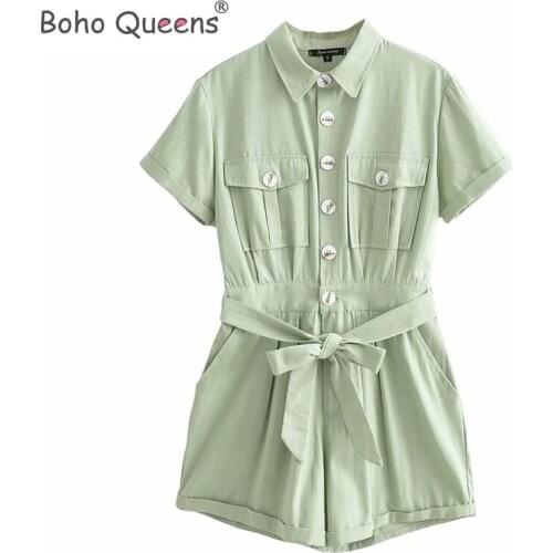 Boho Queens women Boho Bodysuits solid color short sleeve pockets loose Rompers bohemian rayon cotton Playsuits Jumpsuit