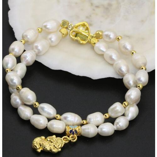 7-8mm white natural freshwater cultured barrel rice pearl two rows clasp bracelets original design charms jewelry 8inch B2759
