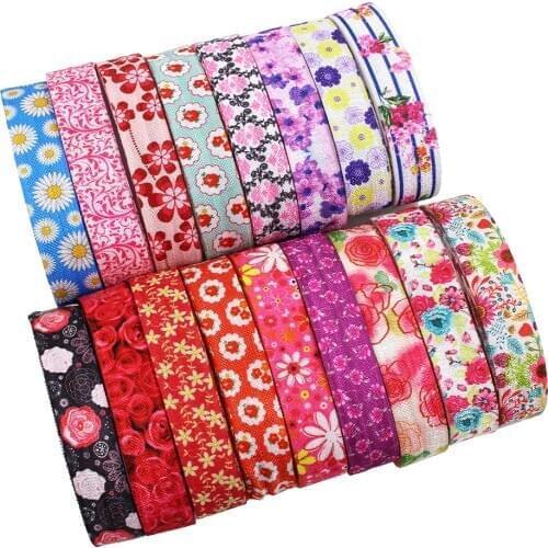 5yds,5/8" flowers Fold Over Elastic Stretch Foldover FOE Elastics for Hair Ties Headbands DIY handmade Accessories,E-20421-677