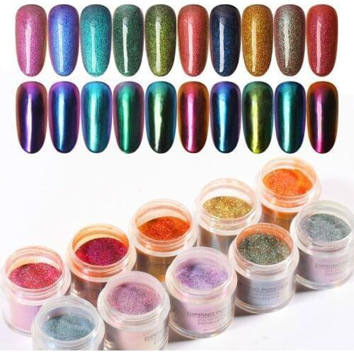 1 Box 10ml Chameleon Dip Powder Shining Holographic Glitter Mirror Dipping System Gradient French Nail Natural Dry Manicure Tool