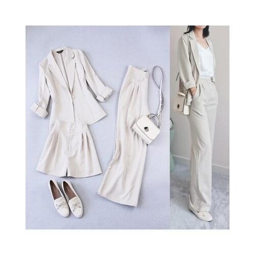 Fashion Plaid suit female summer autumn New high quality creamy-white casual suit + High waist wide leg pants shorts set women