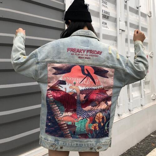 2020 Fashion The New Loose Printing Hole Lapel Denim Jacket Free Shipping