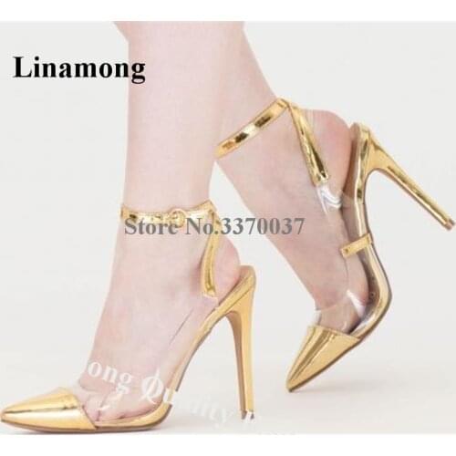 Linamong Charming Pointed Toe PVC Patchwork Stiletto Heel Pumps Gold Silver Transparent Ankle Strap High Heels Wedding Shoes