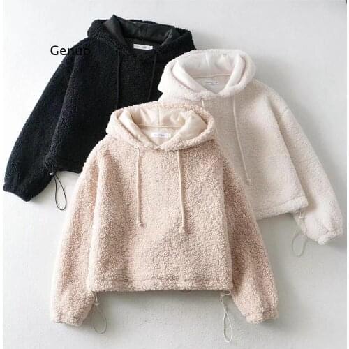 Womens Casual Furry Pullovers Ladies Pockets Soft Lamb Wool Trendy Street Style Hooded Overcoat Autumn Winter