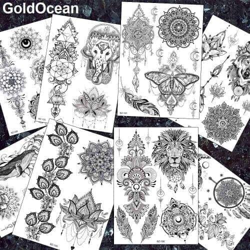 Realistic Henna Mandala Flower Lace Tattoos Temporary Women Moth Genasha Chains Tattoo Stickers Body Arm Chest Fake Black Tattos
