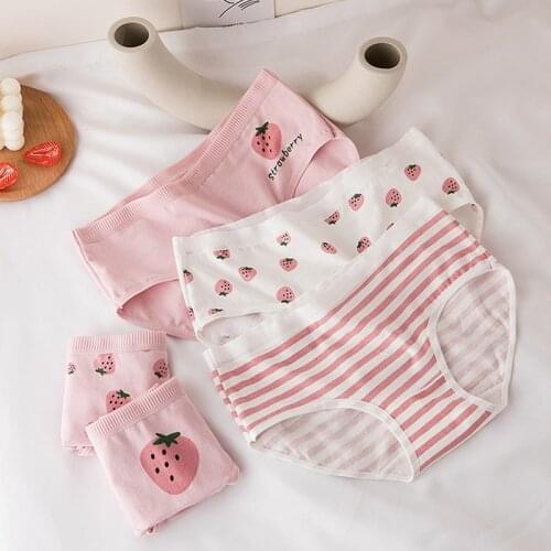 Pink Underwear Young Girl Candy Panties Strawberry Printed Briefs Cotton Breathable Briefs Women Comfortable Striped Lingerie
