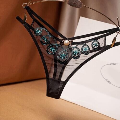 Sexy thong mesh embroidery transparent temptation cross low waist hot t pants exquisite bead decoration G-String