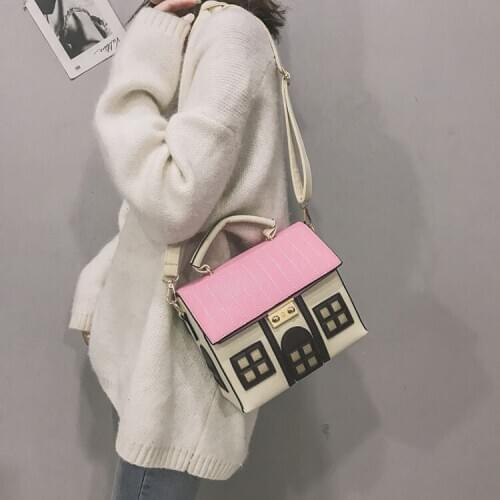 House Shaped Messenger Bag Color Contrast Large Capacity PU Leather Creative Cartoon Luxury One Shoulder Bag For Women Handbag