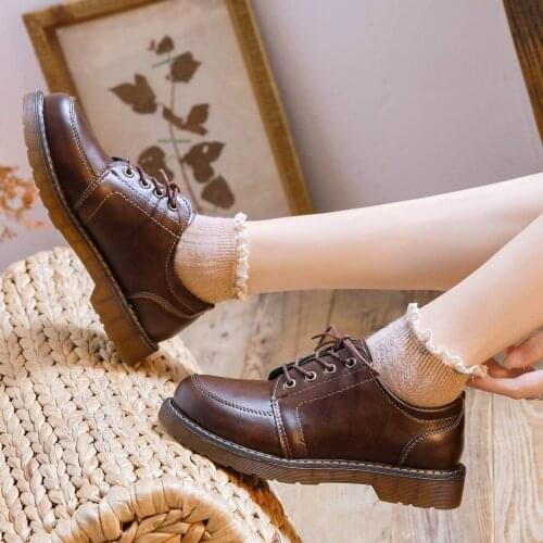 Leather Shoes Heel Round Toe Lace Women Retro Brogue Shoes Student Autumn Oxford College Student Cosplay Costume Shoes