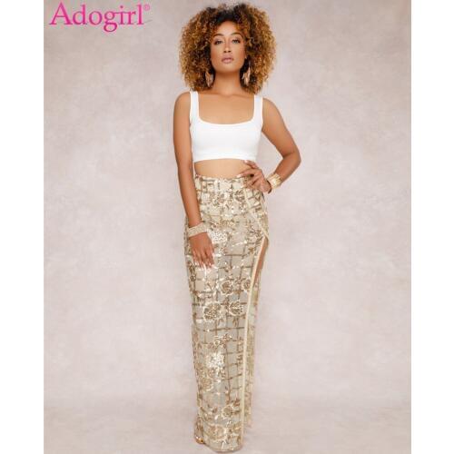 Adogirl Plaid Floral Embroidery Sequins High Slit Maxi Skirt Sexy Sheer Mesh Pencil Party Skirts Night Club Wear Women Petticoat