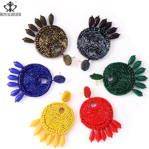 ROYALBEIER Tassel Dangle Handmade Big Drop Earrings Round Boho Woman Earrings Ethnic Resin Beads Statement Oorbellen Wholesale