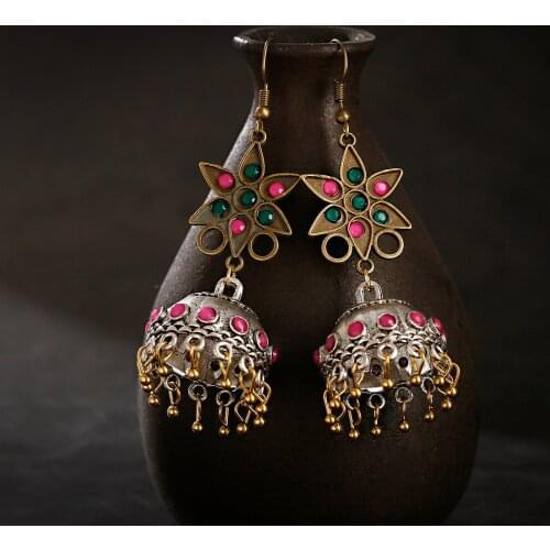 Bollywood Oxidized Gypsy Flower Shape Tassel Dangle Earrings For Women Vintage Inlay Stone Beads Drop Earring Indian Jewelry