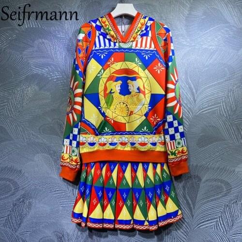 Seifrmann New 2021 Summer Women Fashion Runway Skirts Set Lantern Sleeve Hooded Coat + High Waist Printed Pleated Skirts Suits