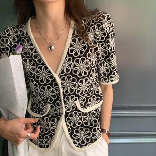 Flower Embroidery Woman jacket summer V Neck Short Sleeve Single Breast Fashion Jackets Coat Loose Black Clothes