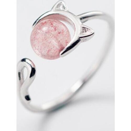 Cat Strawberry Crystal Students Sweet Girl Heart Finger Index Ring 925 Sterling Silver Female Resizable Opening Rings SRI189