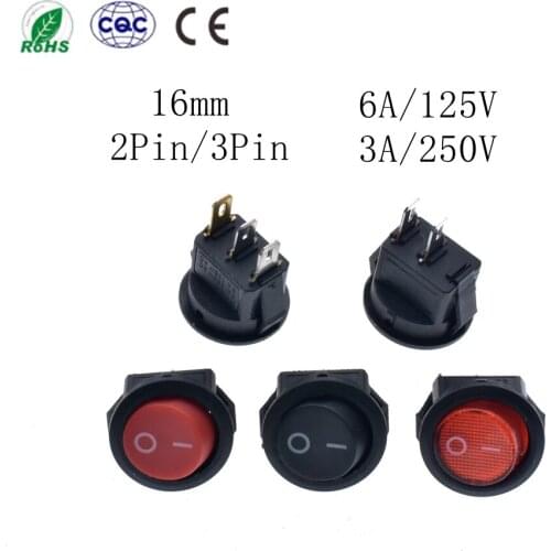 100pcs 16mm 2 PINS 2 Position ON/OFF SPST Round Rocker Switch 3A/250V 6A/125V AC Red/Black