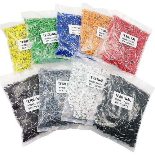 1000pcs/Pack E0508 E7508 E1008 E1508 E2508 Insulated Ferrules Terminal Block Cord End Wire Connector Electrical Crimp Terminator