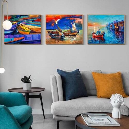 BALLEAY ART Abstract Oil Painting on Canvas Living Room Wall Art Poster Canvas Pictures Sailboat Nature Art Painting Wall Decor