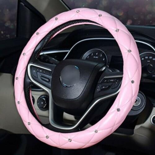 Accessories Steering Wheel Cover Crystal Diamond Decor Non-Slip Car PU Leather Pink W/ Rhinestone