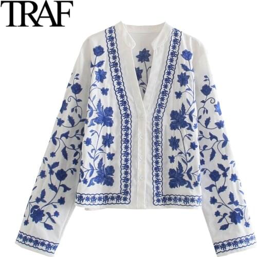Traf Za Women Clothing Spring Autumn Long Sleeve Blouses French Fashion Ladies Loose Shirts Vintage Embroidered Buttoned Tops