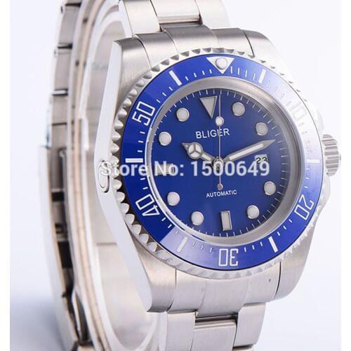 43mm Big size BLIGER blue Ceramic Bezel Luminous blue dial automatic Date Day men watch