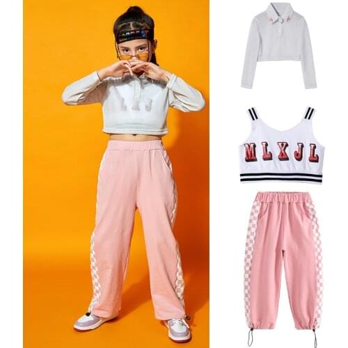 ChildrenS Day Ballroom Hip Hop Dance Costumes For Girls White Long Sleevd Pink Pants Jazz Street Dance Wear Rave Clothes DN8433
