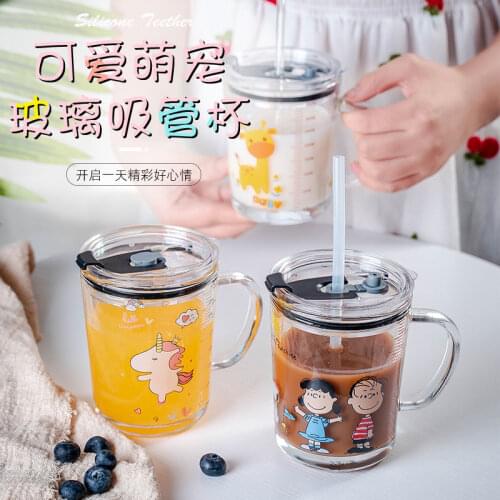 Kids Drink Cup Children Cup Milk Breakfast Straw Glass Milk Tea Cup with Water Cup with Transparent Lid Unicorn Scale Cup For 4Y