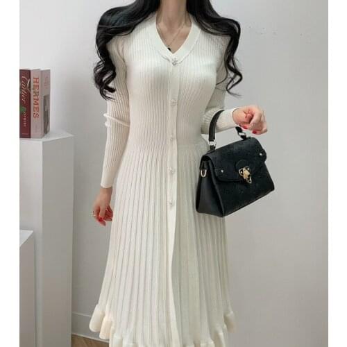 Japanese Style Elegant Temperament Dress Women V-neck Long Sleeve Slim Fit Knit Dresses Mermaid Soft Chic Button Femme Vestidos