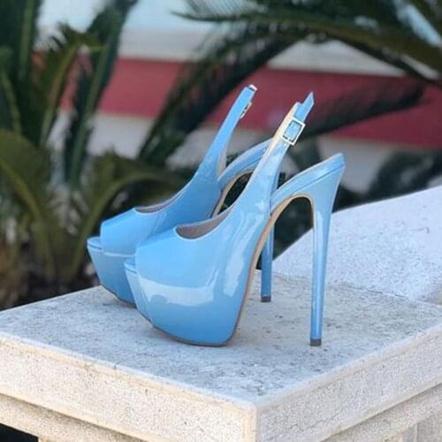 Elegant Blue Patent Leather Open Toe Pumps Hidden Platform Slingback Shoes Stiletto Heel Cut-out Plus Size Party Dress Shoes