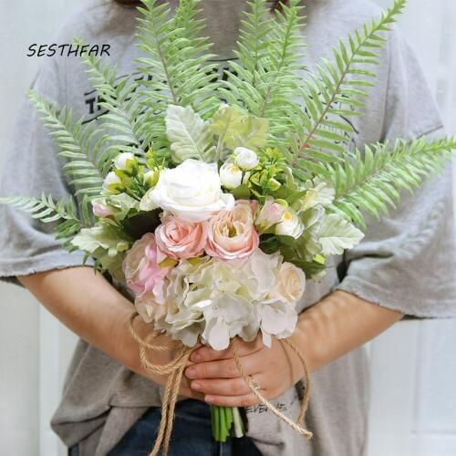 Elegant Wedding Bouquet Green Leaves Bridal FlowersArtificial Silk Rose Boho Style White Pink Wedding Accessories