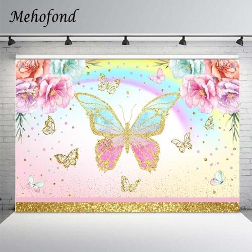 Mehofond Photography Background Rainbow Gold Butterfly Bokeh Dots Pink Flower Princess Birthday Backdrop Photo Studio Photocall