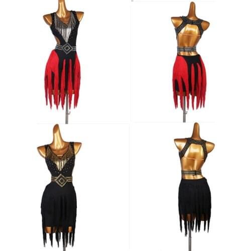 Red black latin competition dress tube beads fringe Rumba cha cha salsa tango dance dress S-XXXL lq178