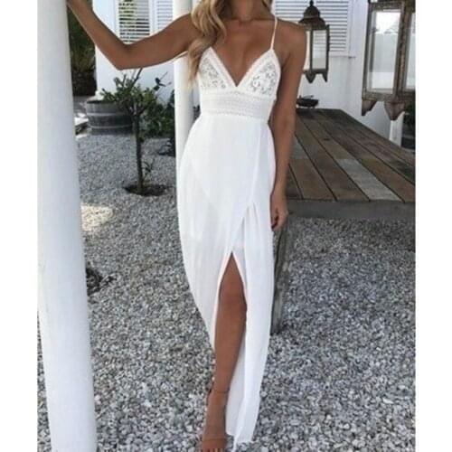 Fashion Summer Women Asymmetrical Patchwork Dress Sexy Suspender Dress Backless Long Sleeve V Neck Lace Maxi Dresses