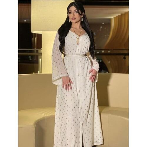 Fashion Muslim Dress Sets Two Pieces Abaya Jalabiya for Women White Long Sleeve Eid Party Moroccan Kaftan Arabic Dubai Clothes