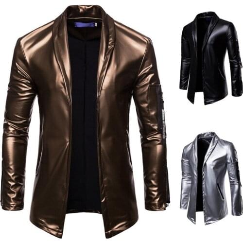 Mens Elastic PU Motorcycle Jackets Lapel Handsome Zipper Slim Leather Suit Male Waterproof Smooth Solid Color Faux Leather Coat