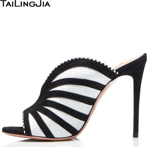 Black and White Stripes Open Toe Heeled Mules Womens High Heel Sandals Ladies Summer Heels for Women Plus Size Party Shoes 2019