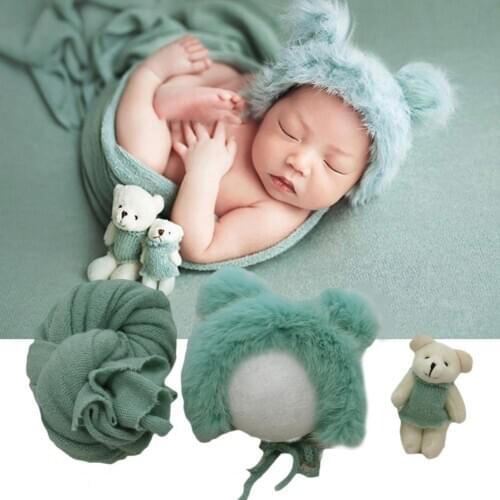 3Pcs Newborn Clothes Warm Photography Props Cotton Bear Doll Blanket Hat Baby Photo shooting Accessories for Baby Kid