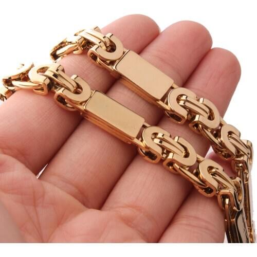 Tiasri 8mm Gold Color Byzantine Mens Necklace Bracelet Punk Chocker Stainless Steel Chain Hip Hop Jewelry Wholesale Gift