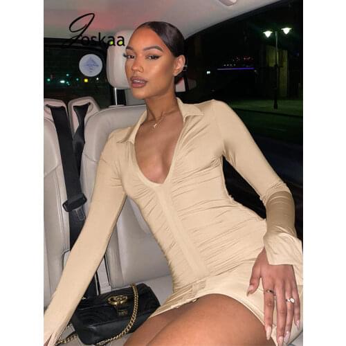 Joskaa Apricot Long Sleeve Ruched Deep V Bodycon Dress Women Sexy Party Mini Dresses Streetwear Fall 2021 Night Club Outfit