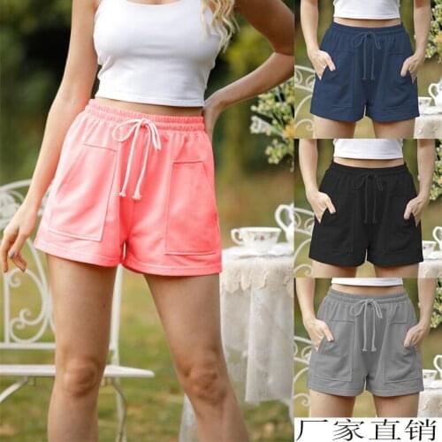 2021 Summer Solid color pocket short Femme шорты женский Casual shorts womens new high waist lace up wide leg pants