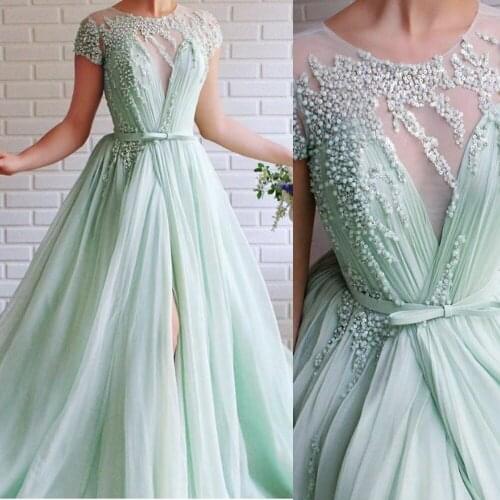 Blue prom dresses 2020 crystal beading sequins a line side slit evening dresses mint evening gowns formal dress