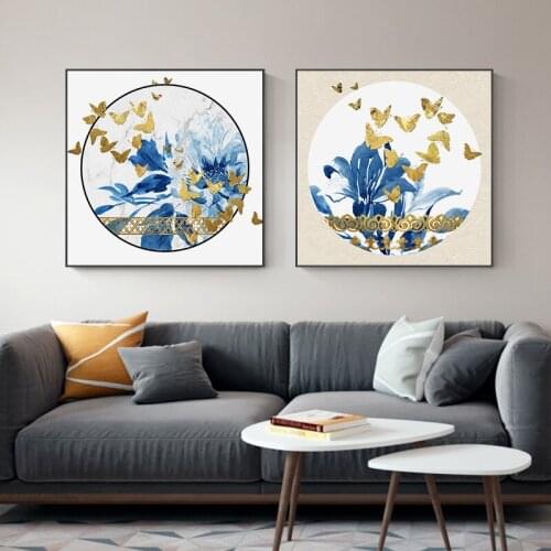 Nordic Abstract Blue flower Gold Butterfly Modern Canvas Painting Wall Art Poster Print Abstract Painting Decorative Picture