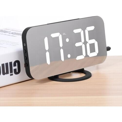 LED Alarm Clock Mirror Digital Clock Snooze Time Noiseless Temperature Display Night Electronic USB Output Ports Table Clock